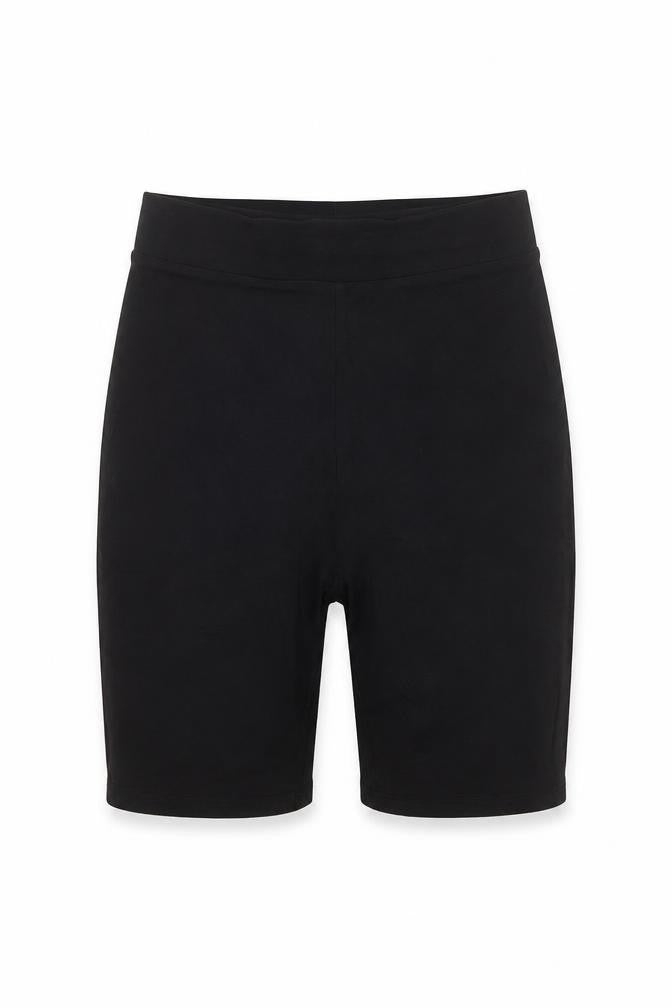Front view of Collusion women’s black polyester biker shorts, size UK 8, 8-inch leg regular
