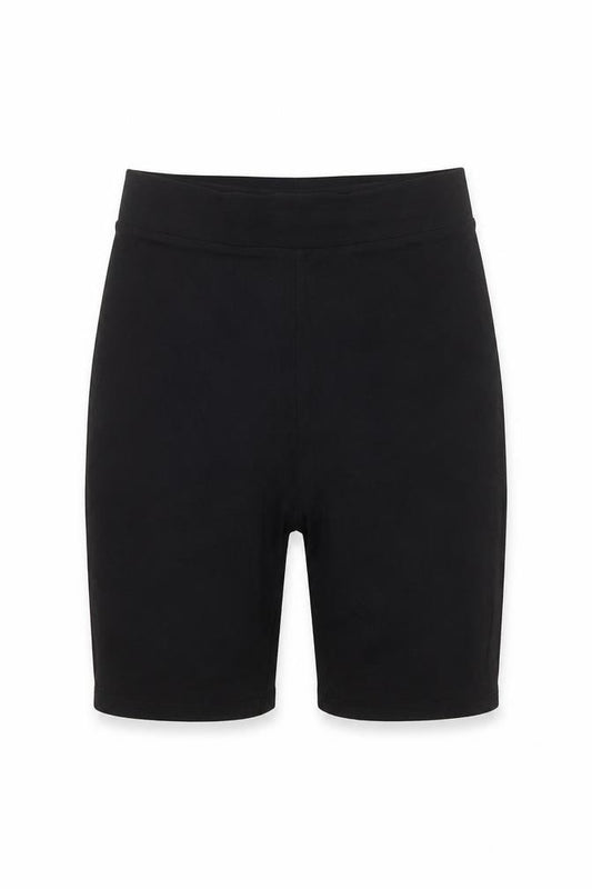 Front view of Collusion women’s black polyester biker shorts, size UK 8, 8-inch leg regular
