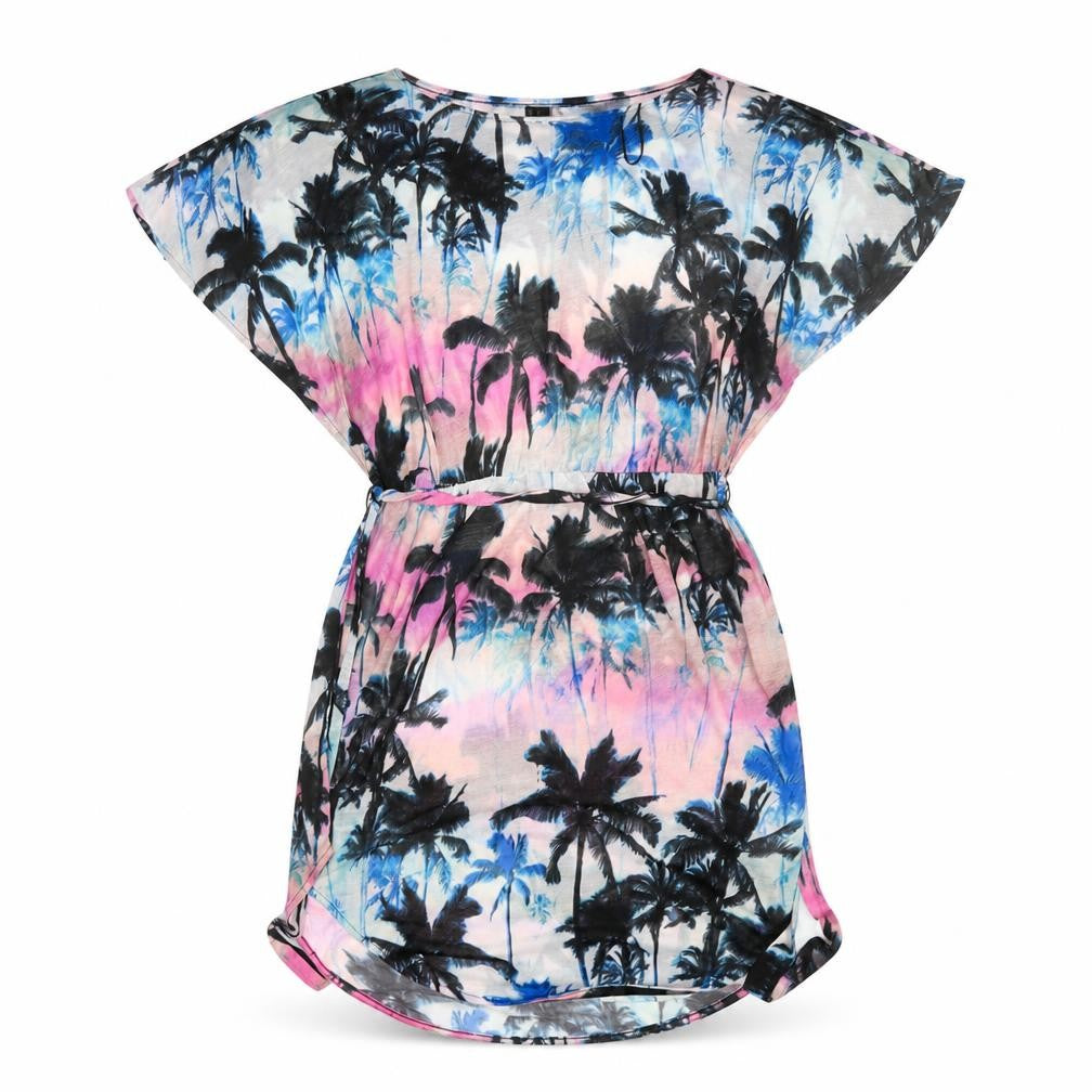 Front view of H&M women’s pink floral polyester sheath, size S, round neck