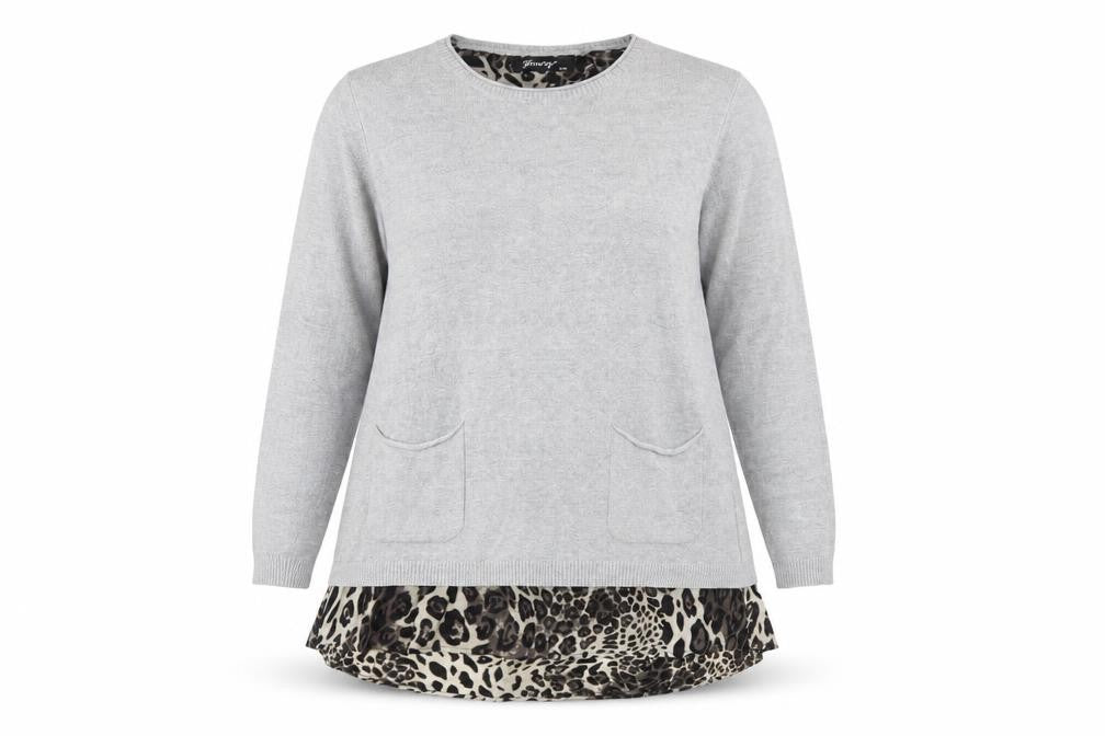 Front view of Finery women’s grey round neck viscose jumper, size S