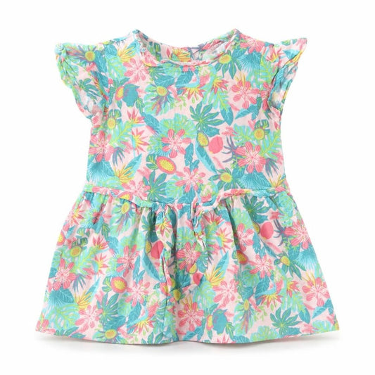 Front view of La Compagnie des Petits Baby Multicoloured Floral Viscose A-Line, size 12, Months Round Neck