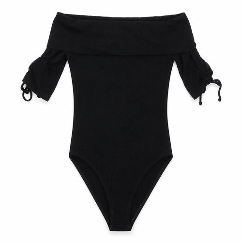 Topshop Womens Black  Viscose Bodysuit One-Piece Size 8  Snap - Drawstring sleeves Ribbed fabric