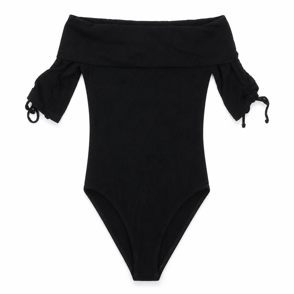 Topshop Womens Black  Viscose Bodysuit One-Piece Size 8  Snap - Drawstring sleeves Ribbed fabric