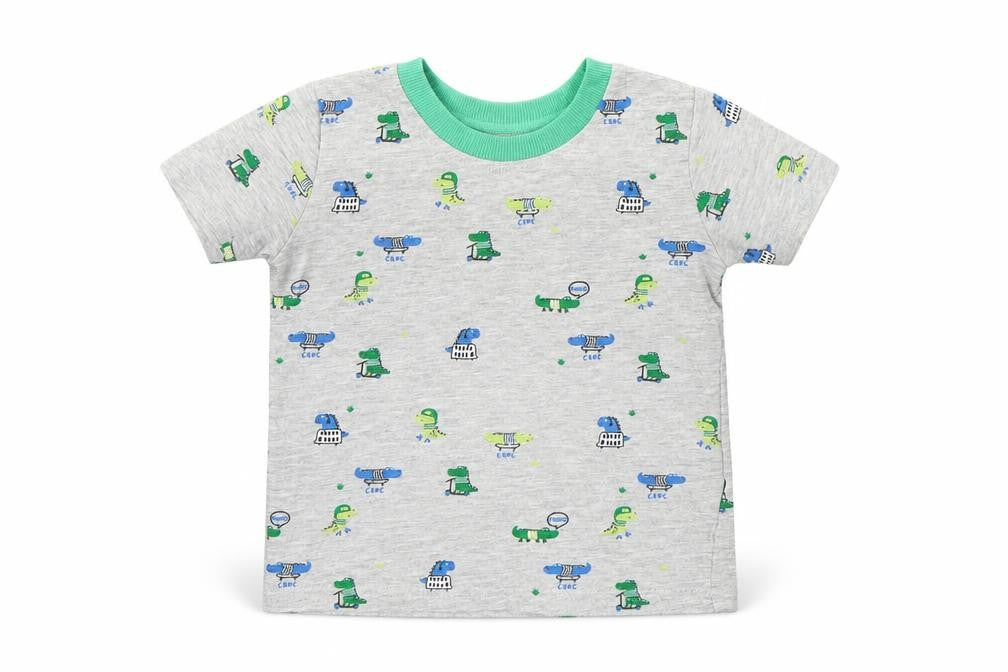 Front view of Next boys’ grey cotton basic t-shirt, size 9-12, months round neck - crocodiles