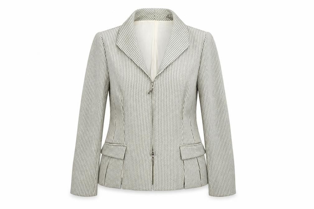Front view of Presen women’s beige striped jacket blazer, size UK 12, zip