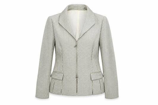 Front view of Presen women’s beige striped jacket blazer, size UK 12, zip