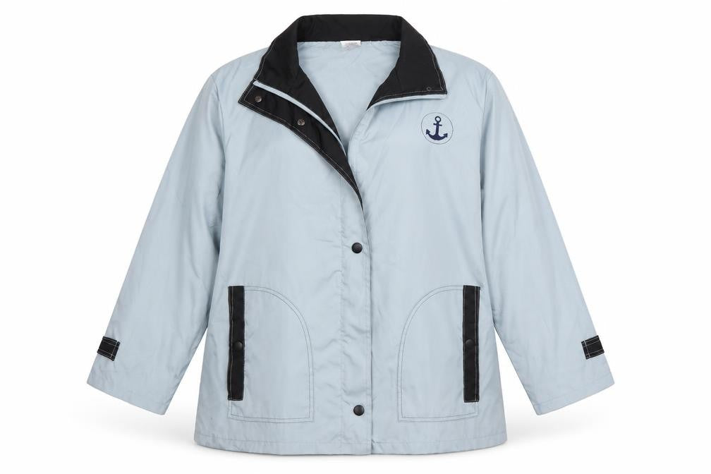 Front view of Anne de Lancay women’s blue jacket, size L, zip