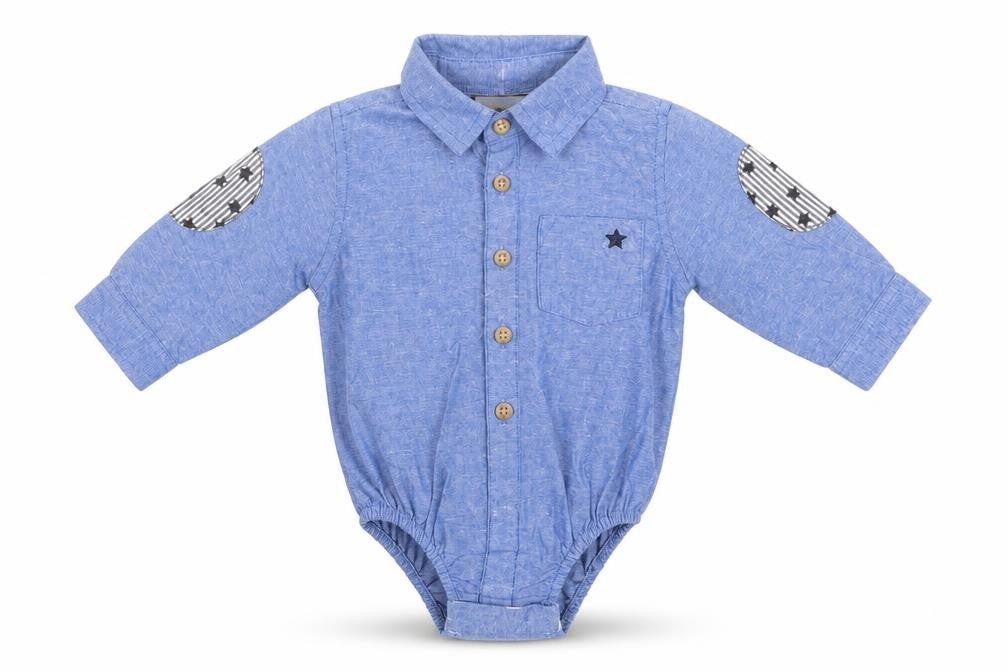 Front view of Little Gent Baby Blue Cotton Romper One-Piece, size 0-3, Months