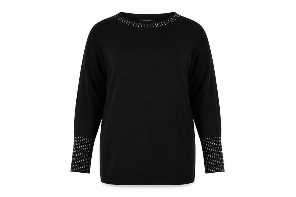 Front view of Evans women’s black round neck viscose jumper, size UK 14