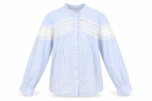 Front view of New Look women’s blue 100% cotton basic button-up, size UK 6, round neck