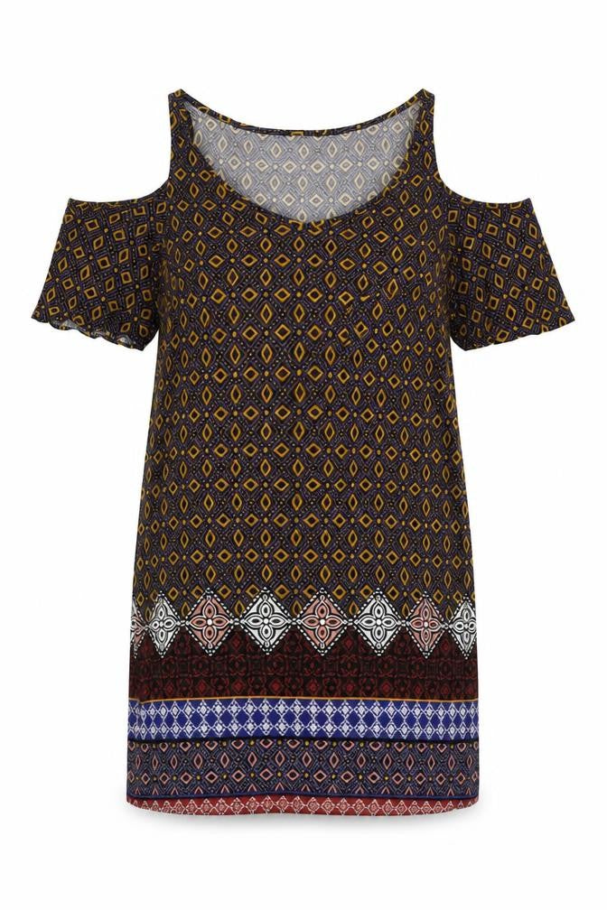 Front view of Matalan women’s multicoloured geometric viscose shift, size UK 10, v-neck - cold shoulder