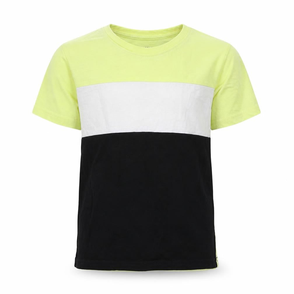 Front view of Primark boys’ yellow colourblock polyester basic t-shirt, size 5-6, years crew neck