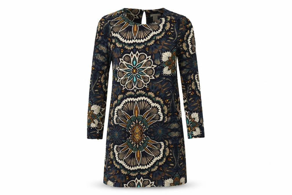 Front view of H&M women’s multicoloured floral viscose shift, size UK 6, round neck button