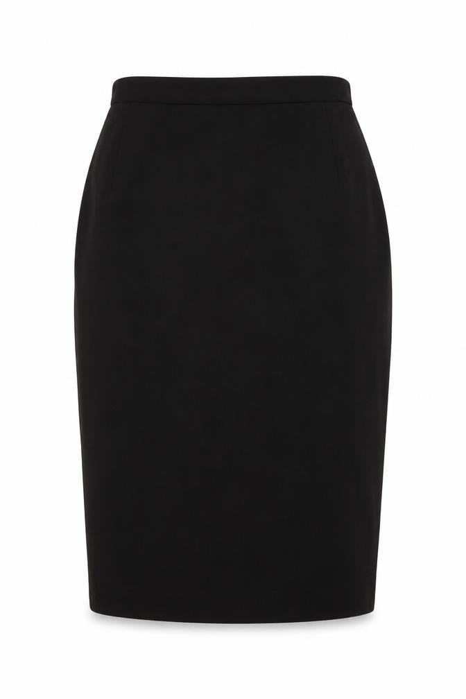 Front view of CONTEXT women’s black polyester straight & pencil skirt, size UK 12, button