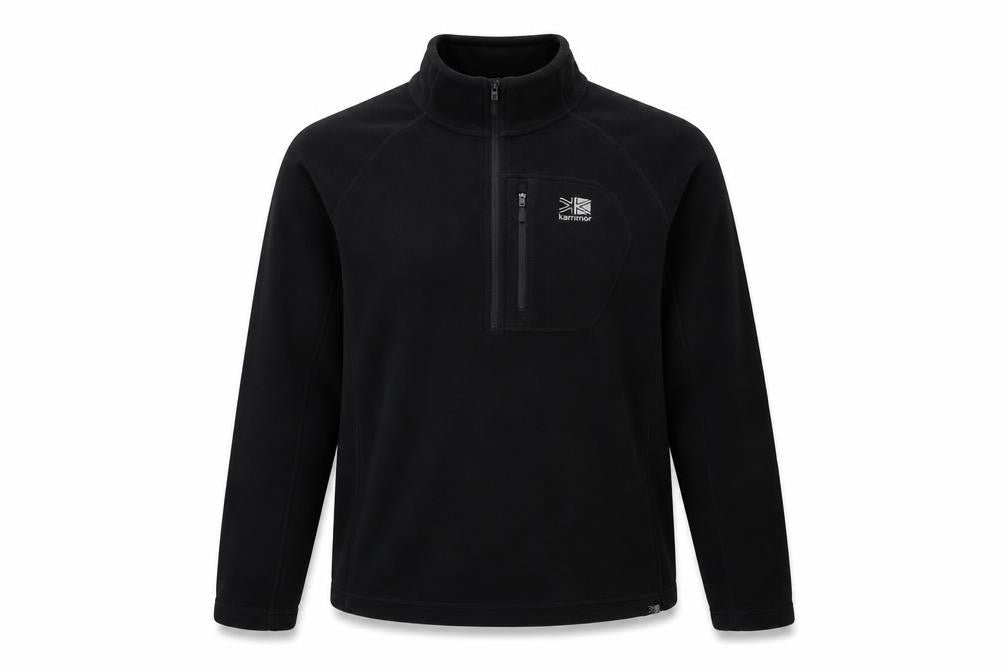 Front view of Karrim women’s black polyester henley hoodie, size L, zip