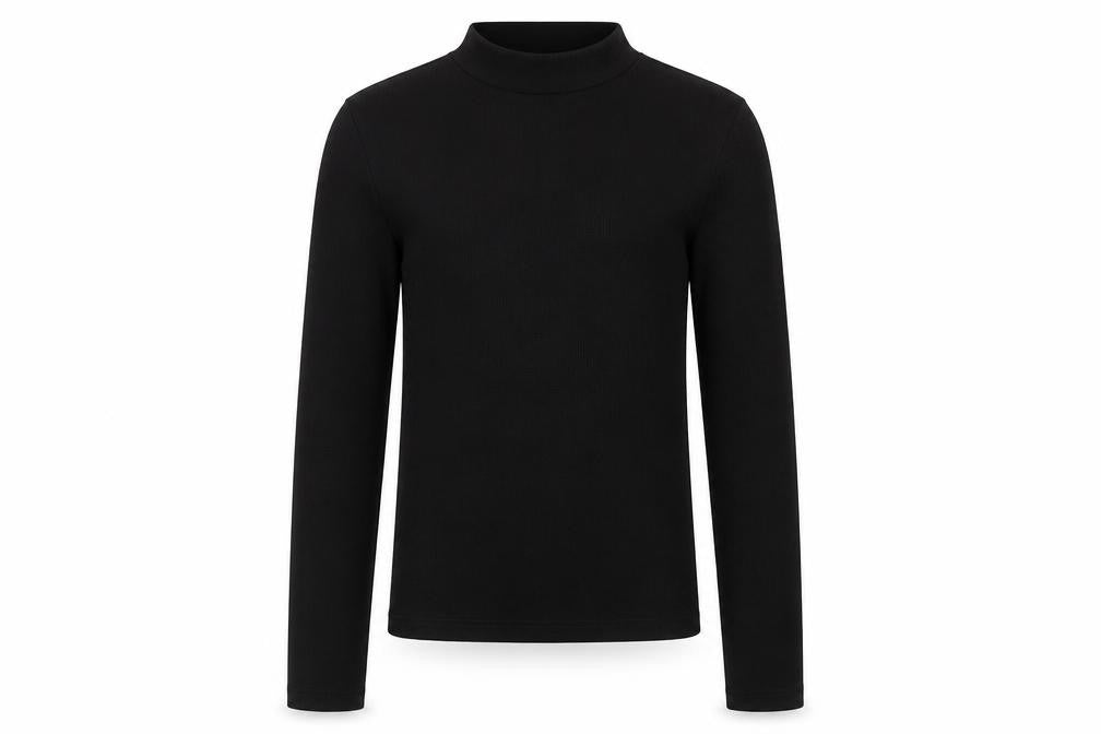 Front view of Miss E-Vie girls’ black polyester basic blouse, size 9-10, years mock neck