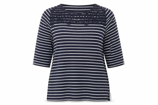 Front view of Love Leisure women’s multicoloured round neck striped polyester jumper, size UK 18