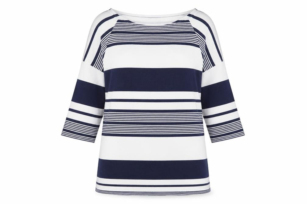 Front view of F&F women’s multicoloured round neck striped polyester jumper, size UK 14