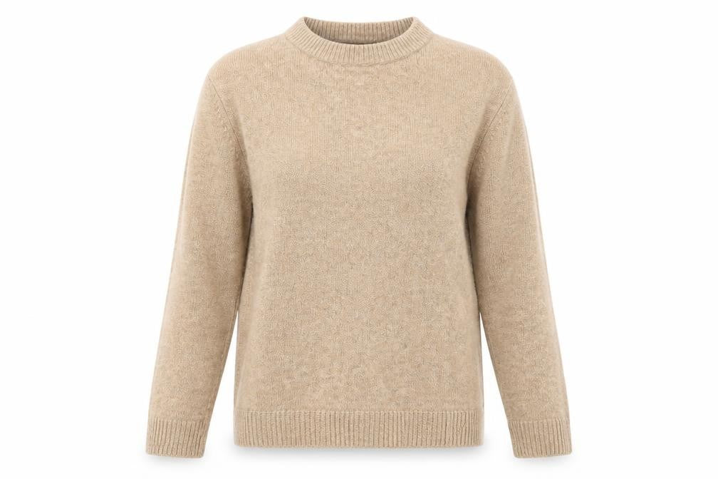 Front view of Primark women’s beige round neck acrylic jumper, size M