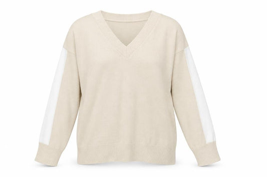 Front view of I SAW IT FIRST women’s beige v-neck jumper, size XL