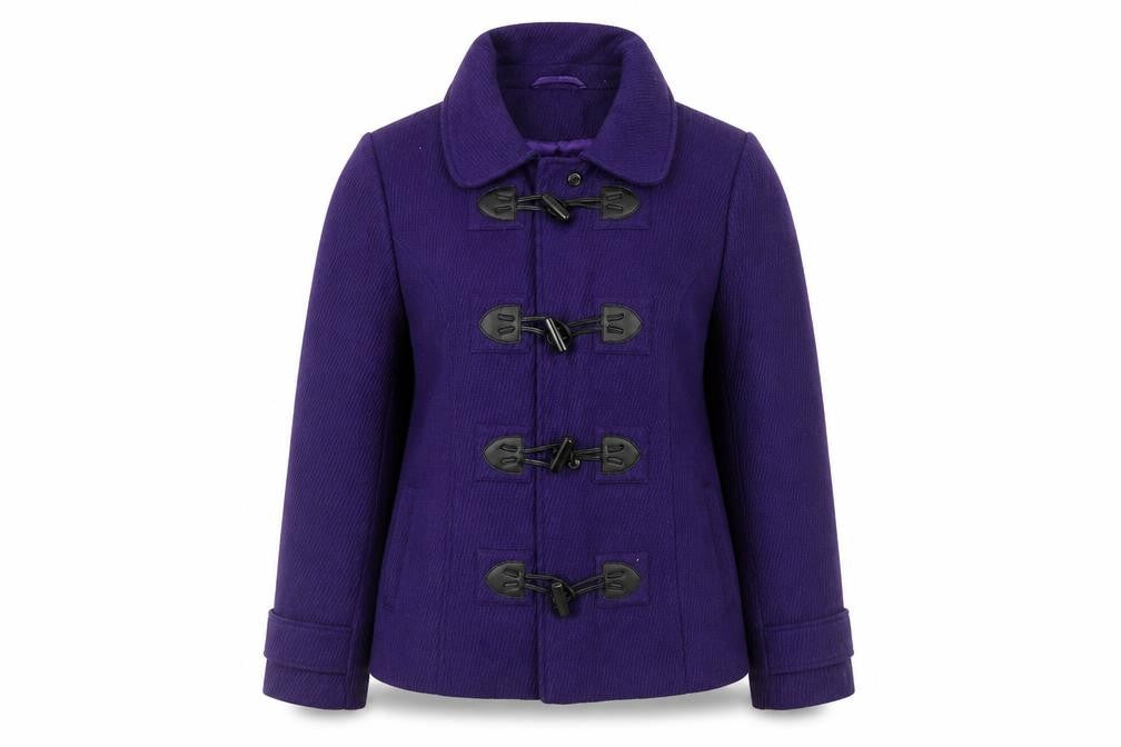 Front view of M&Co women’s purple overcoat coat, size UK 14