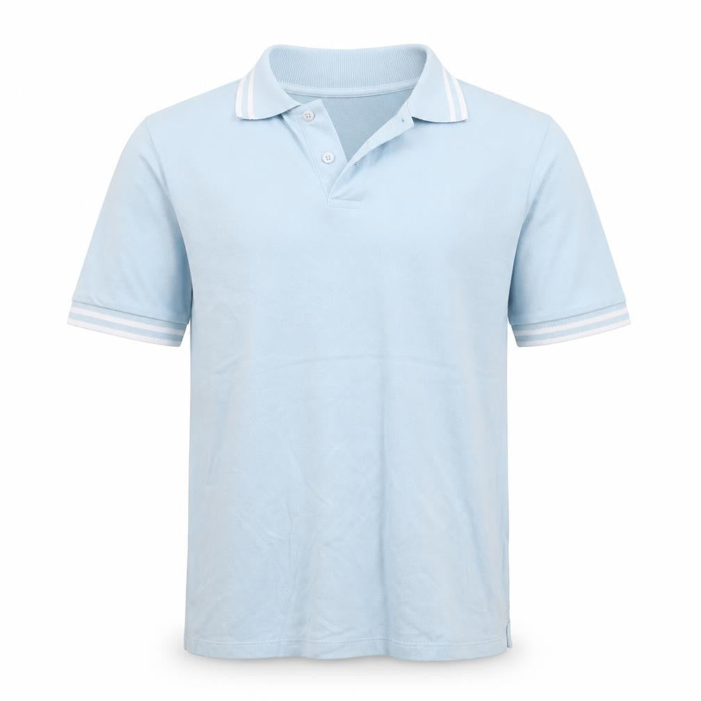 Front view of ASOS men’s blue cotton polo, size L, collared