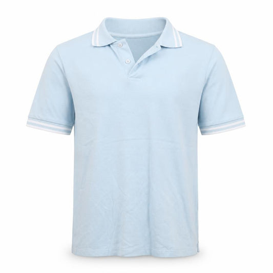 Front view of ASOS men’s blue cotton polo, size L, collared