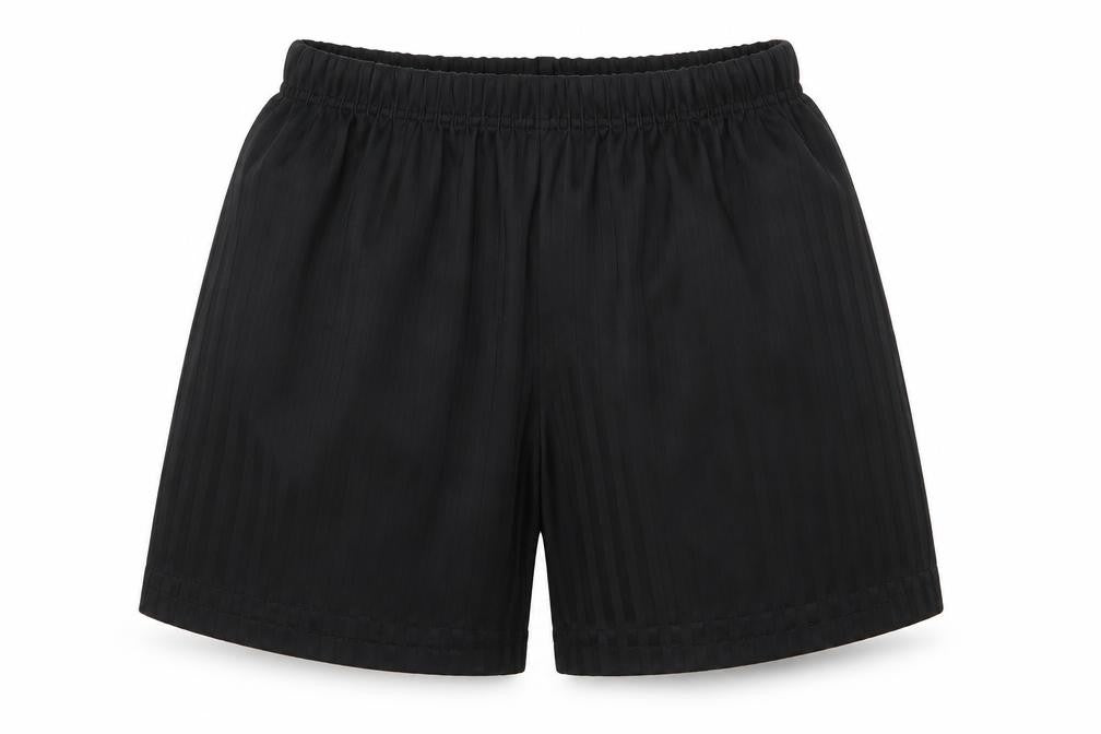 Front view of Matalan boys’ black striped polyester utility shorts, years regular - same colour vertical pattern stripe