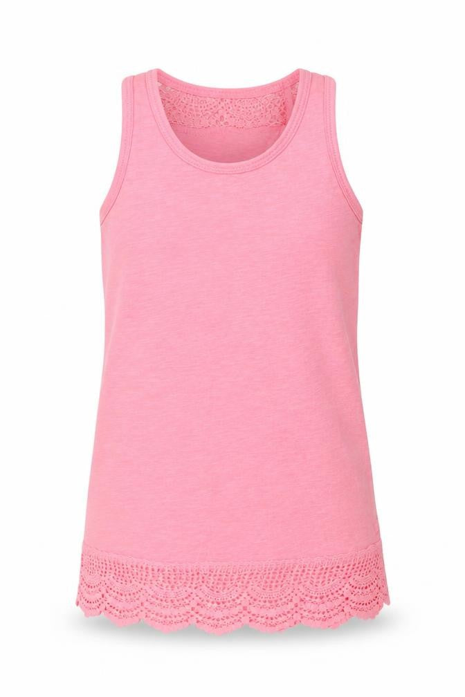 Front view of Primark girls’ pink polyester basic tank, size 10-11, years round neck