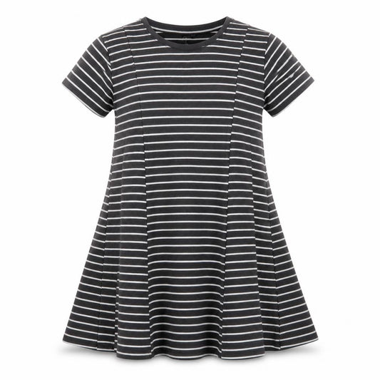 Front view of Next girls’ green striped cotton a-line, size 7, years round neck