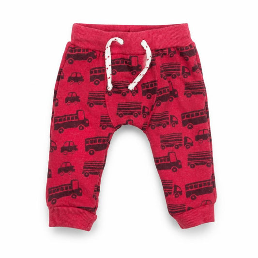 Front view of F&F boys’ red cotton jogger trousers, size 3-6, months - vehicles