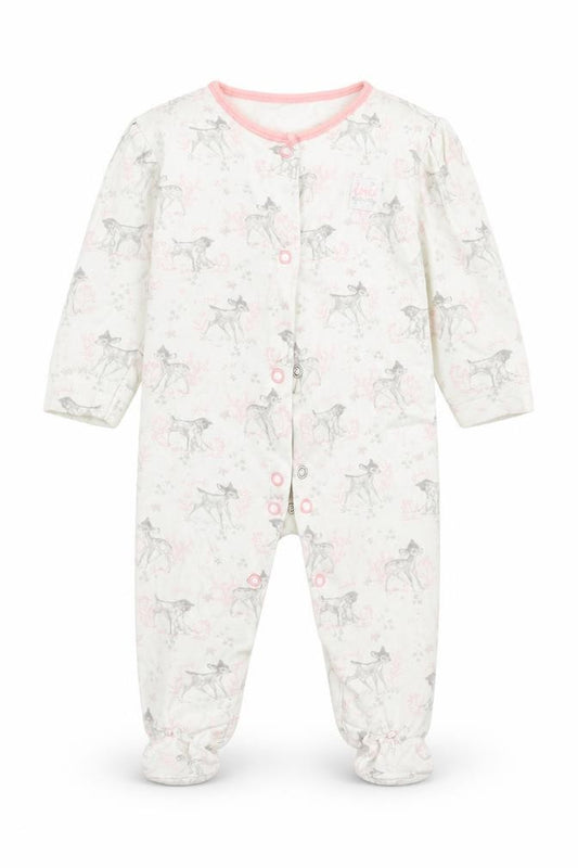 Front view of George girls’ white animal print cotton babygrow one-piece, size 3-6, months - dinsey. bambi
