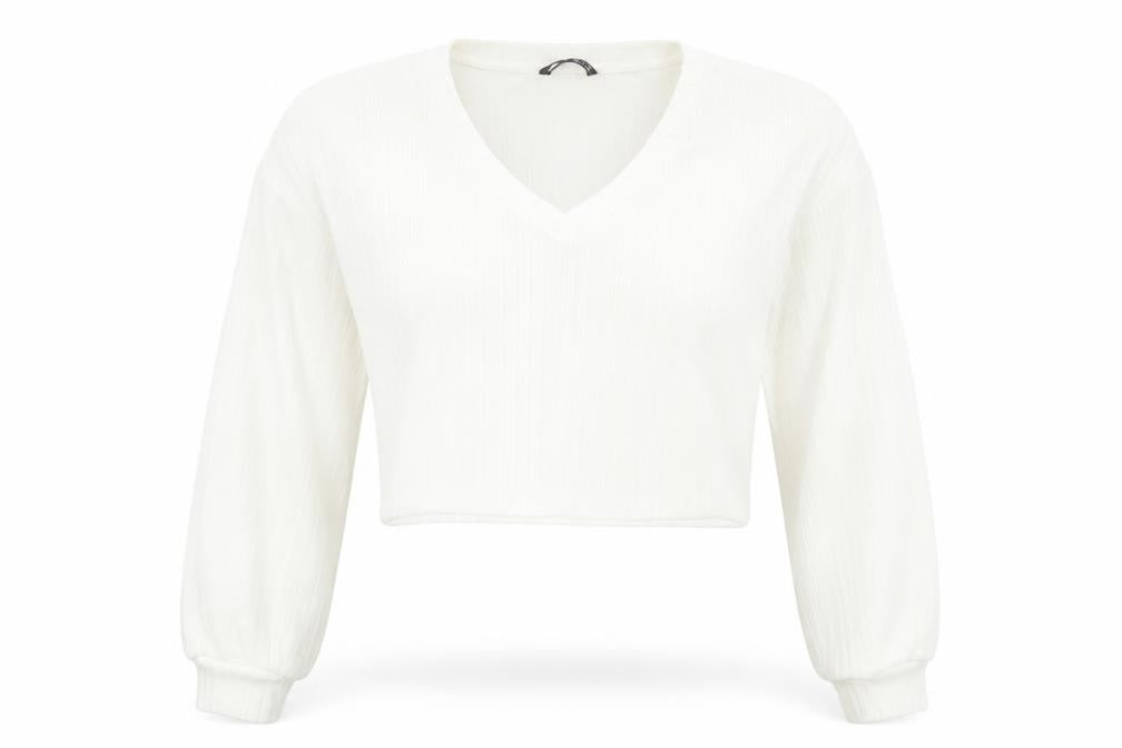 Front view of SHEIN women’s white striped polyester cropped t-shirt, size S, v-neck