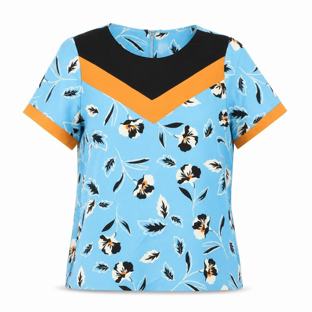 Front view of River Island women’s blue floral polyester basic t-shirt, size UK 10, round neck