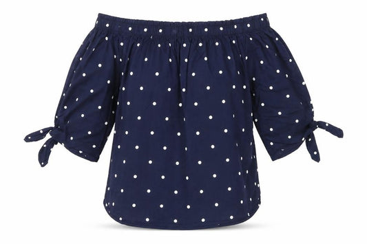 Front view of H&M women’s blue polka dot 100% cotton basic blouse, size UK 6, off the shoulder