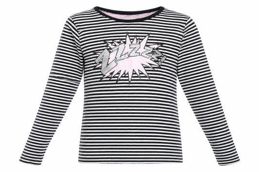 Front view of Matalan girls’ black striped 100% cotton top pyjama top, size 12-13, years
