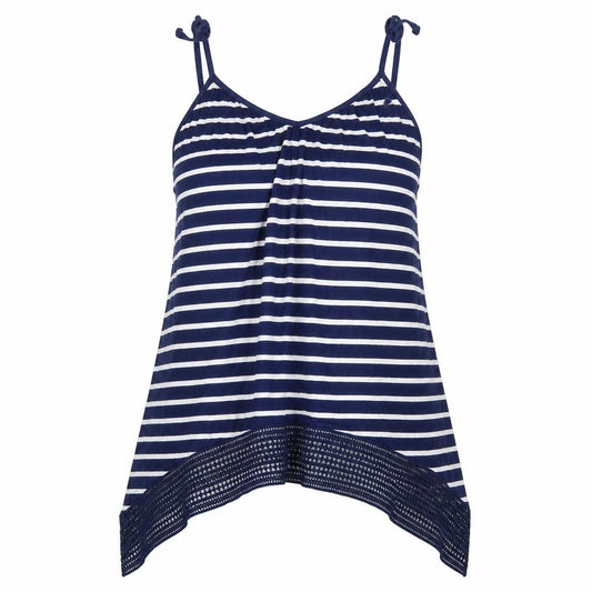 Front view of Store Twenty One women’s blue striped viscose camisole blouse, size UK 12, round neck