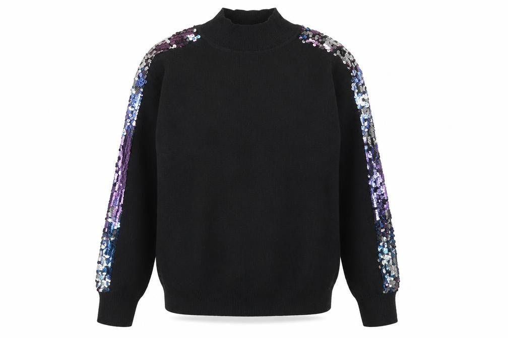 Front view of QED London men’s black mock neck acrylic jumper, size S