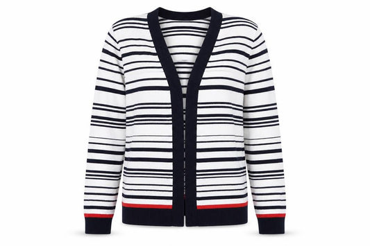 Front view of M&Co women’s multicoloured v-neck striped viscose cardigan jumper, size UK 12
