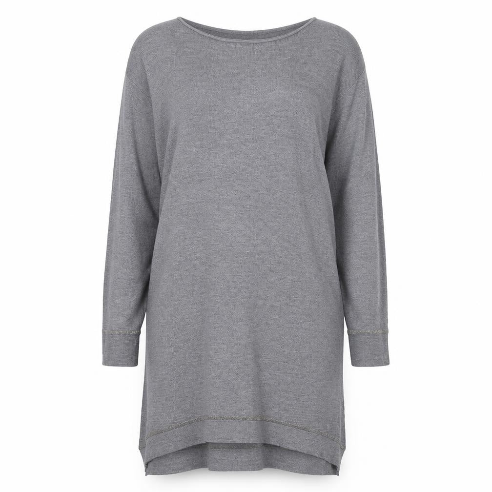 Front view of Evis women’s grey viscose jumper dress, size S, round neck
