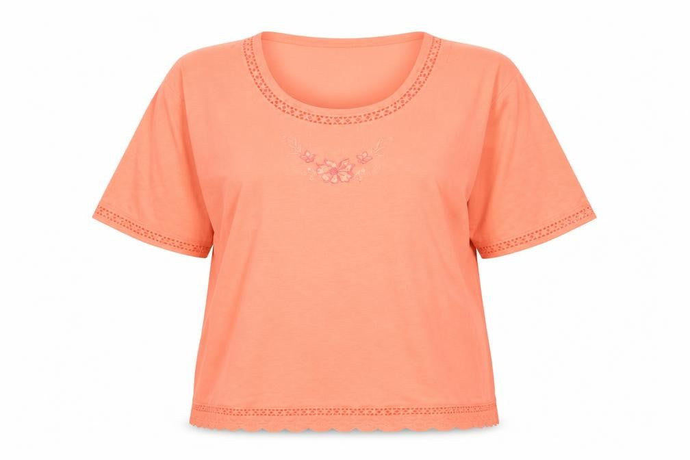 Front view of Preworn women’s pink floral basic t-shirt, size XL, round neck