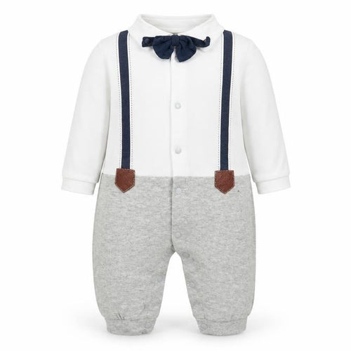 ShenZhen YEY Garment Ltd Boys White  Cotton Romper One-Piece Size 0-3 Months  Snap - Faux Dickie Bow Tie & Shirt with braces