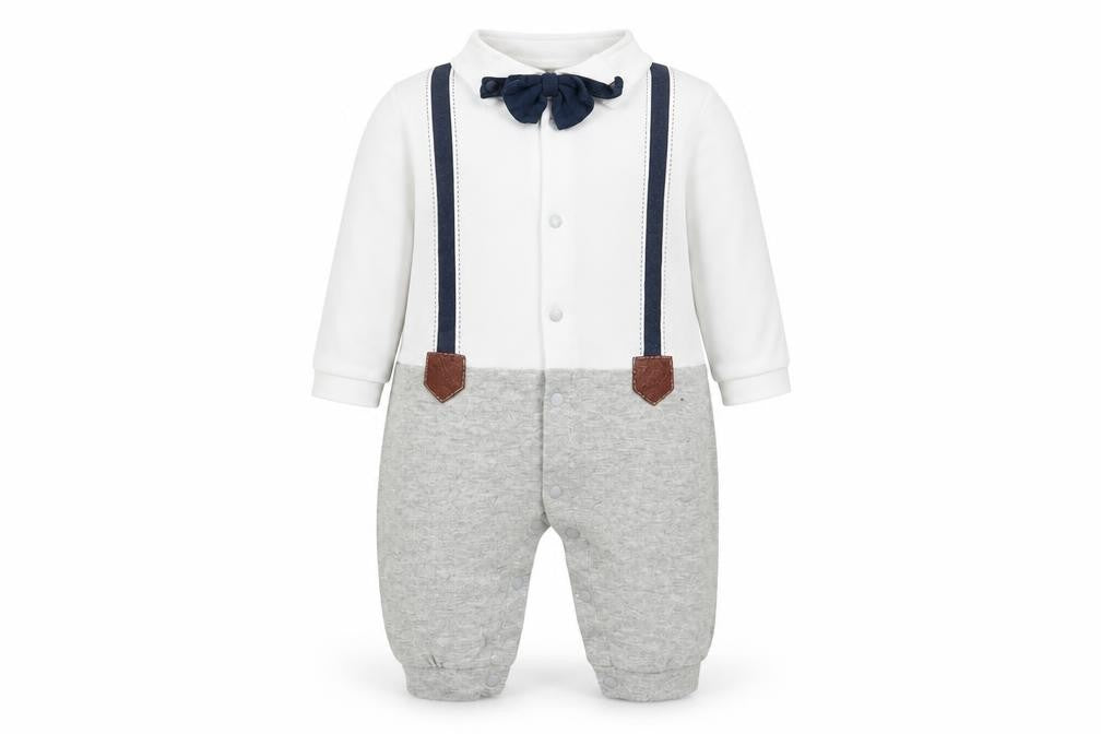 ShenZhen YEY Garment Ltd Boys White  Cotton Romper One-Piece Size 0-3 Months  Snap - Faux Dickie Bow Tie & Shirt with braces