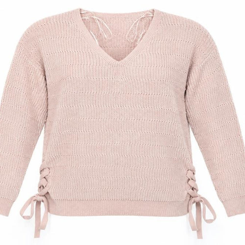 Peacocks Womens Pink V-Neck Striped Acrylic Pullover Jumper Size M   - Side Tie Details Same colour knit stripe