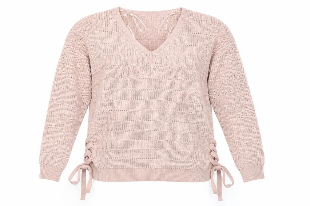 Peacocks Womens Pink V-Neck Striped Acrylic Pullover Jumper Size M   - Side Tie Details Same colour knit stripe