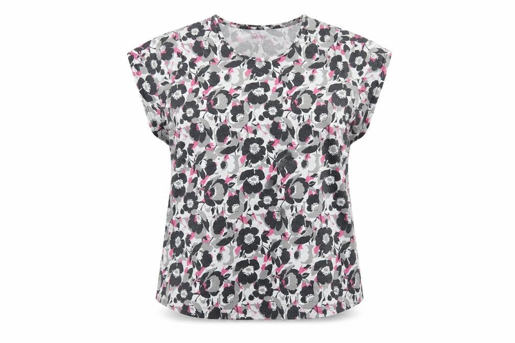 Front view of PRETTY SECRETS women’s multicoloured floral polyester basic t-shirt, size UK 34, round neck
