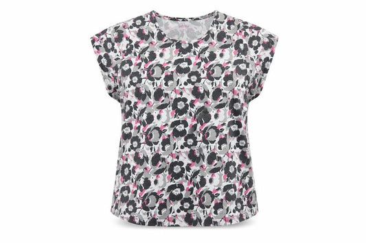 Front view of PRETTY SECRETS women’s multicoloured floral polyester basic t-shirt, size UK 34, round neck