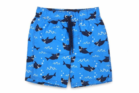 Front view of Matalan boys’ blue animal print polyester cropped leggings, size 12-18, months - sharks