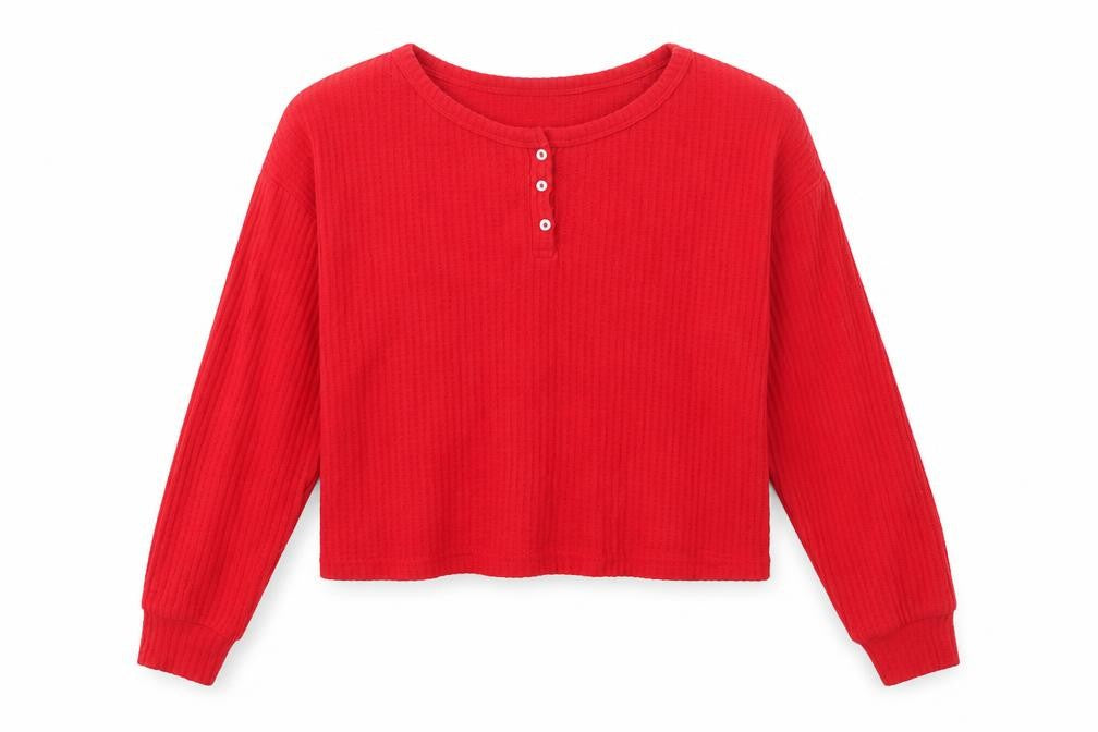 Front view of Primark women’s red round neck polyester jumper, size S, - loungewear