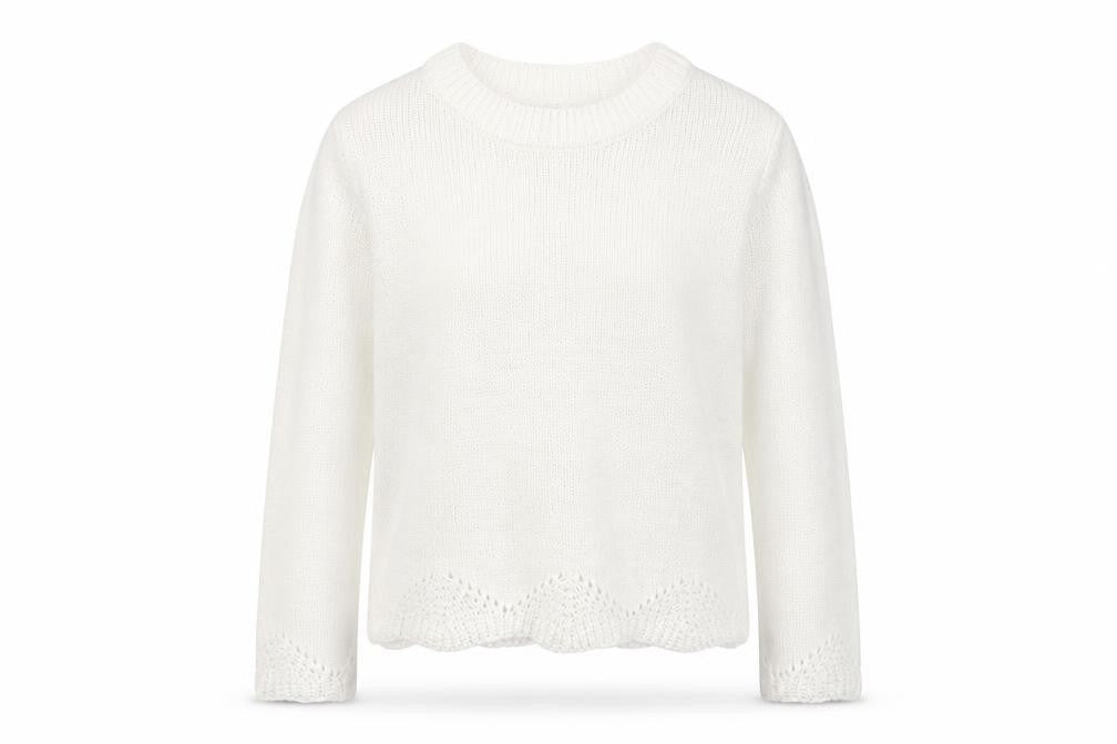 Front view of Primark women’s white round neck polyester jumper, size L, - scalloped hemline